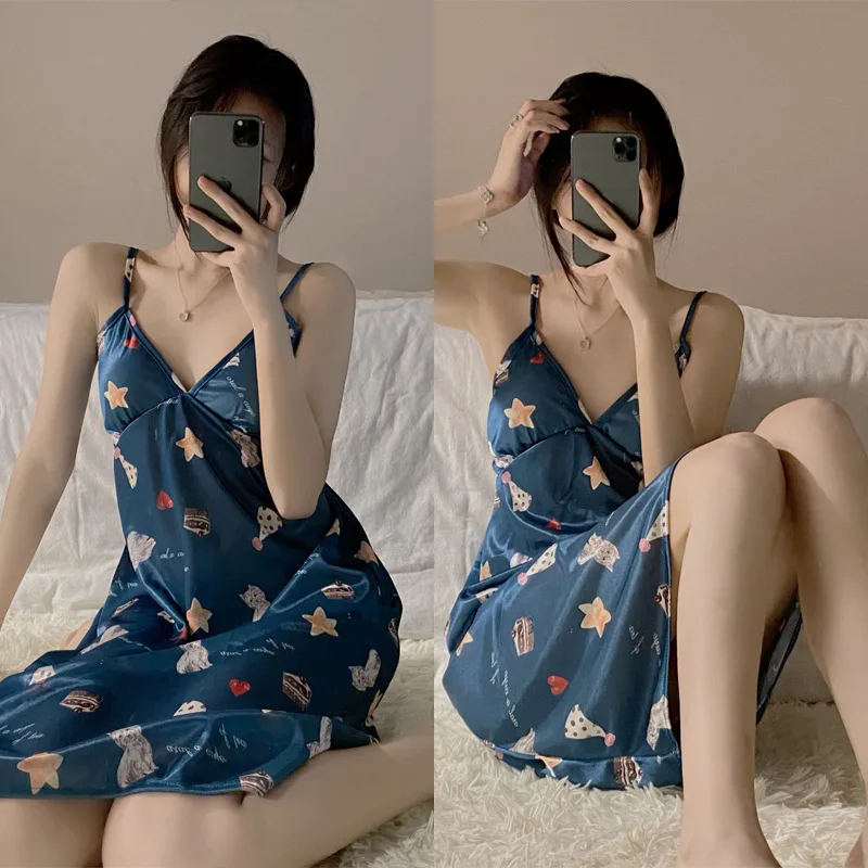 Printing Women Sexy Silk Stain Sleepwear V-neck Camisolas Sling Nightwear Home Clothes Nightgown Nighty for Ladies Nightdress