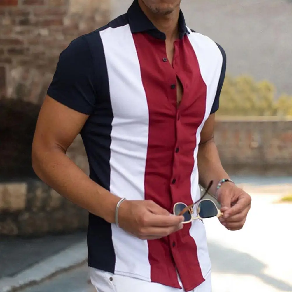 

Men Shirt Close-fitting Summer Tops Contrast Color Short Sleeves Stylish Single-Breasted Breathable Summer Tops