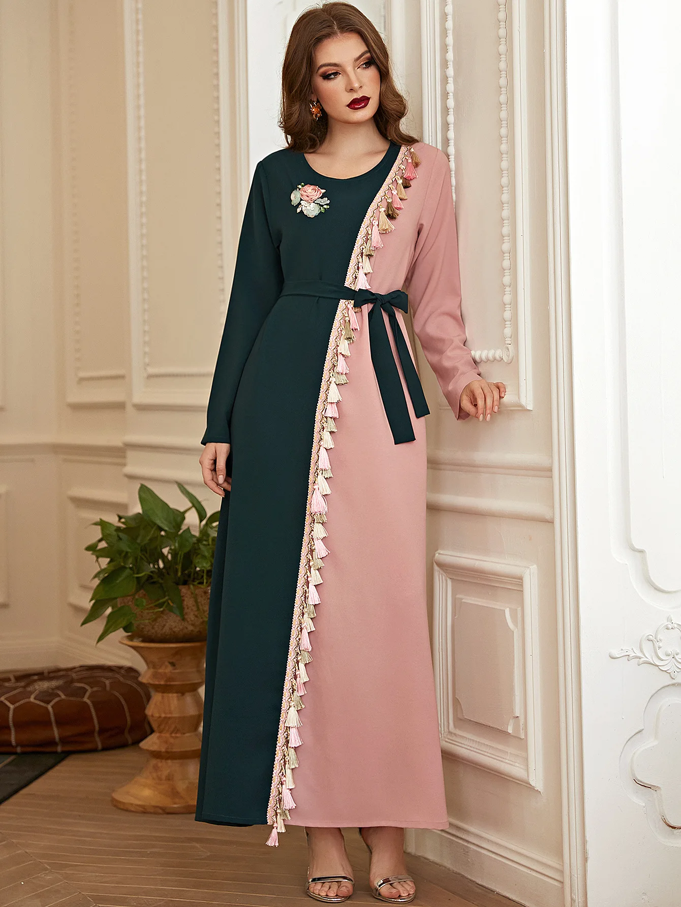Мусульманская атласная Ретро зеленая розовая Caftan Marocain Abaya Дубай, Турция Oman Hijab Исламская одежда для женщин Eid 3D Цветочное платье вечернее