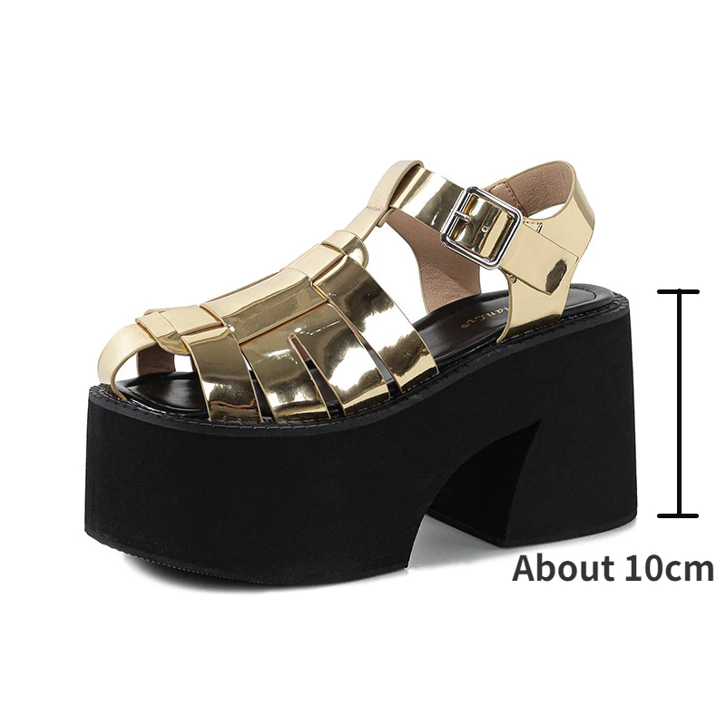 Chunky Platform Sandals Women Block Heels 10CM High Heel Closed Toe Roman Shoes Black Gothic Punk Sandals Buckle Strap Size 43