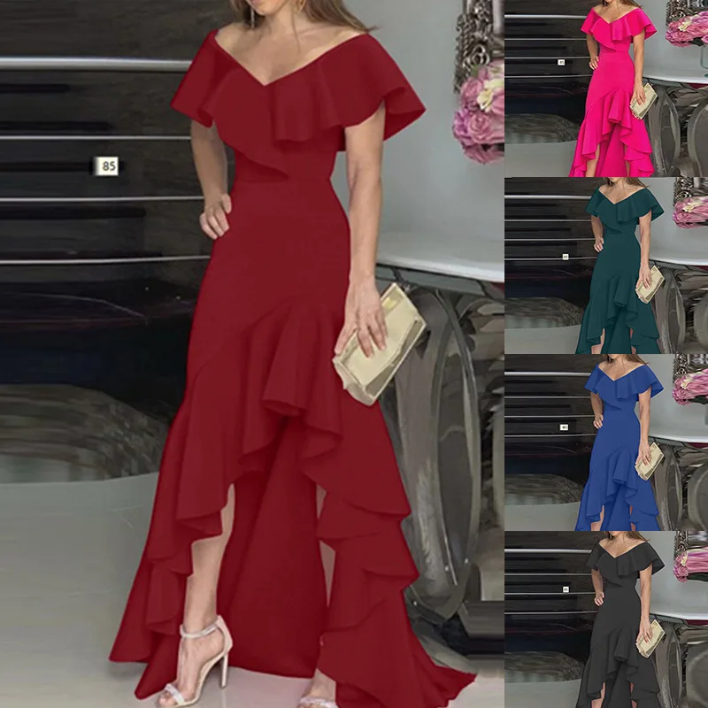 

Women's dress 2023 spring/summer solid color high waist ruffle temperament commuting elegant dress