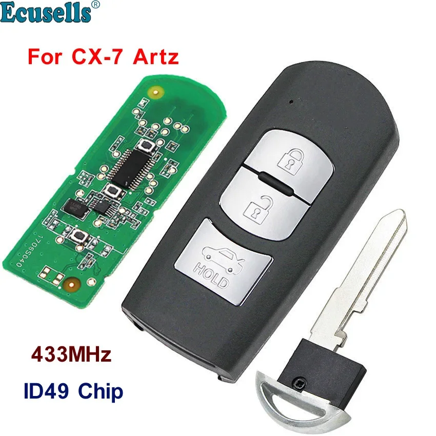 

New Uncut Smart Remote Key Fob 3 Button 433Mhz 49 Chip for Mazda 2 3 6 CX-3 CX-5 CX-9 with Emergency Key SKE13E-02