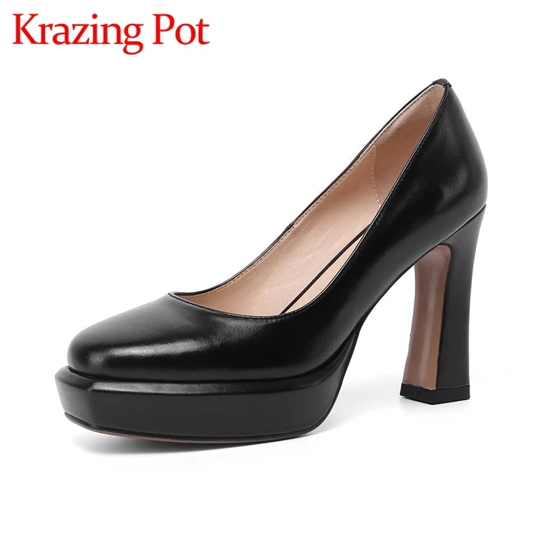 

Krazing pot big size genuine leather round toe super high heels platform mature young lady streetwear fashion women pumps L8f2