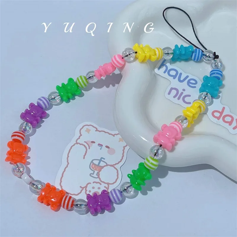 European and American Bohemian Rainbow Striped Beads ins Cute Color Bear Resin Trend Mobile Phone Chain Ladies Exquisite Jewelry