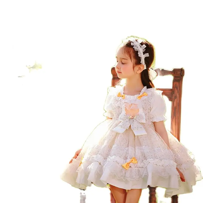 

Lace Princess Dress Bow Lolita 2022 Summer New Girls Short Sleeve Princess Dress Children Lolita Floral Dress