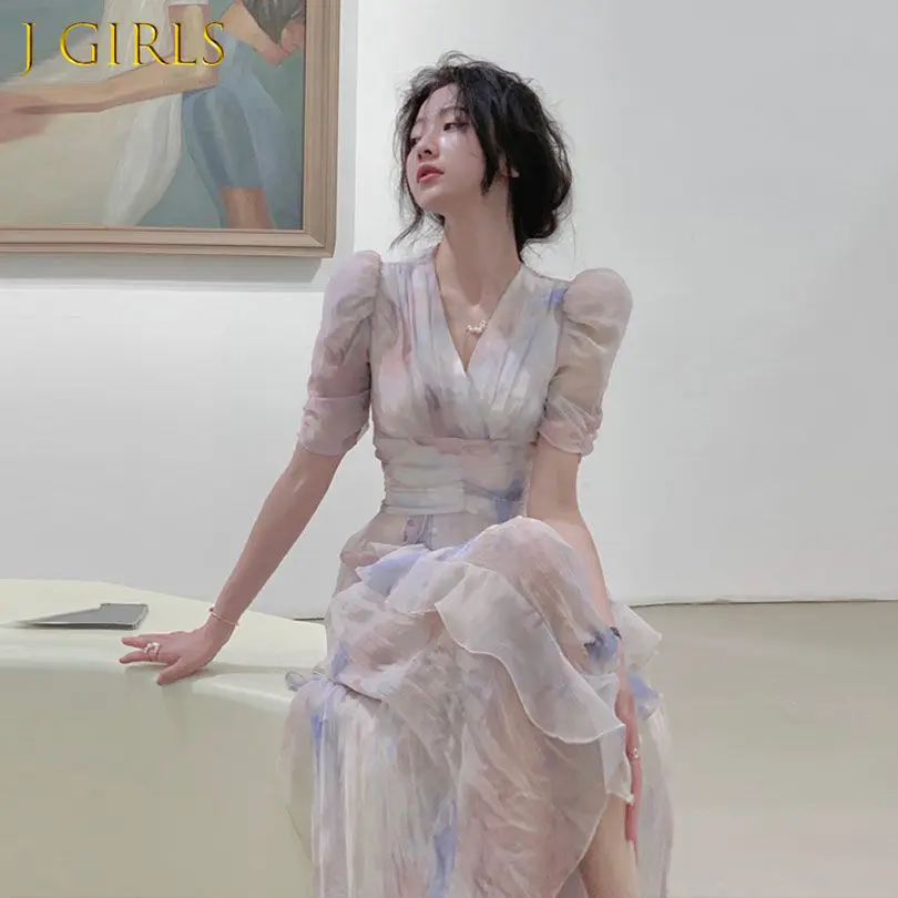 

J GIRLS Summer Chiffon Dress Women V-neck Printed Ruffles Maxi Long Dresses Female 2022 New