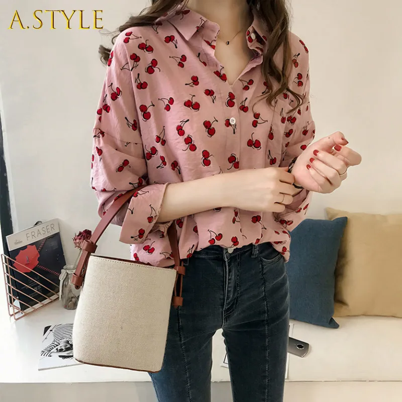 

A GIRLS Shirts Women Cherry Simple Elegant Korean Style All-match Retro Loose Lady Basic Shirt Work Wear Spring Autumn Hot Sale