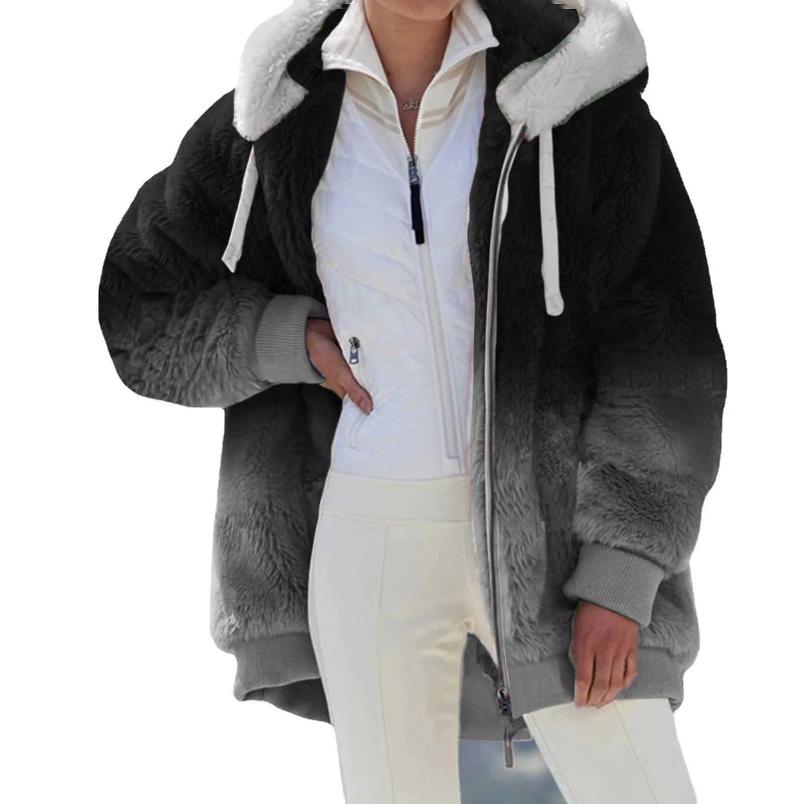 2022 New Autumn  Winter Loose Gradual Plush Zip Hoodie Women Home Wear Fur Jacket Warm Flocking Coat Lady's Top