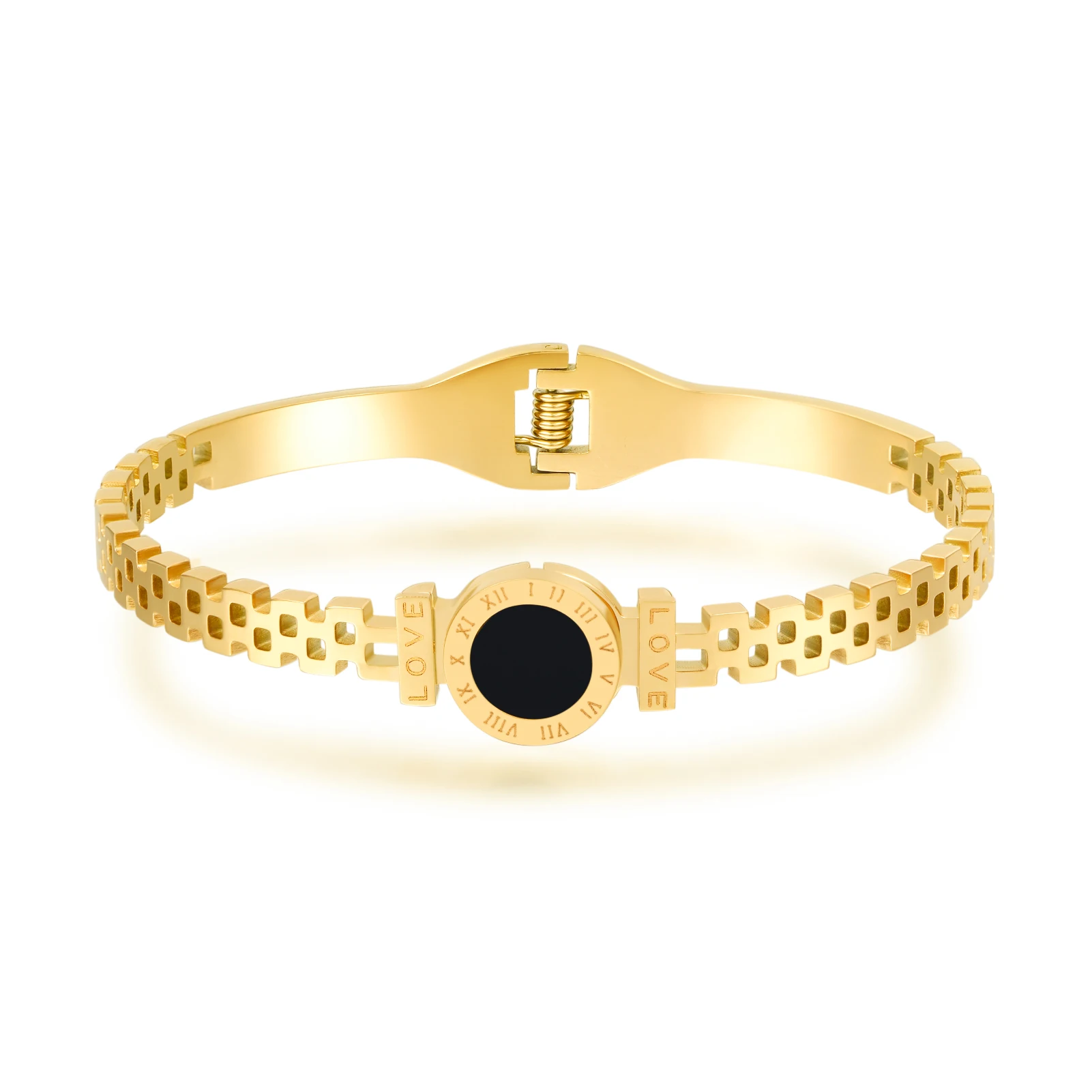 

Gold Color Carving Roman Numeral Lover Cuff Bracelet Bangle Jewelry 316L Stainless Steel Bracelet Black Acrylic Charm Bracelet