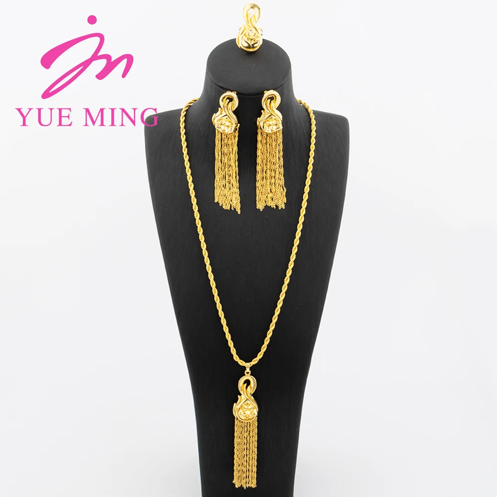 

Gold Plate Tassels Earrings for Women Trendy Statement Long Chain Pendant Ring Wedding Party Necklace Jewelry Anniversary Gift