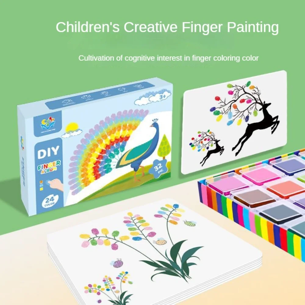 

12 Color Washable Ink Stamp Pad 16 Cartoon Finger Painting Cards Finger Drawing Toys Boys Girls Party Favor Kids Gift