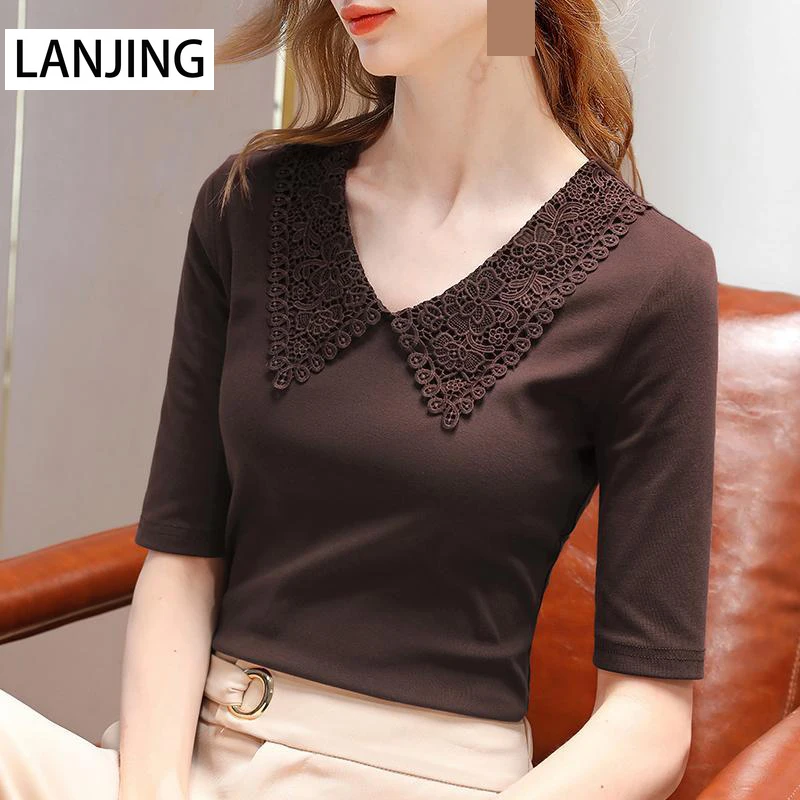 

2021 new style fat large size lace doll collar black short-sleeved T-shirt women's autumn thin top harajuku Cotton Tees