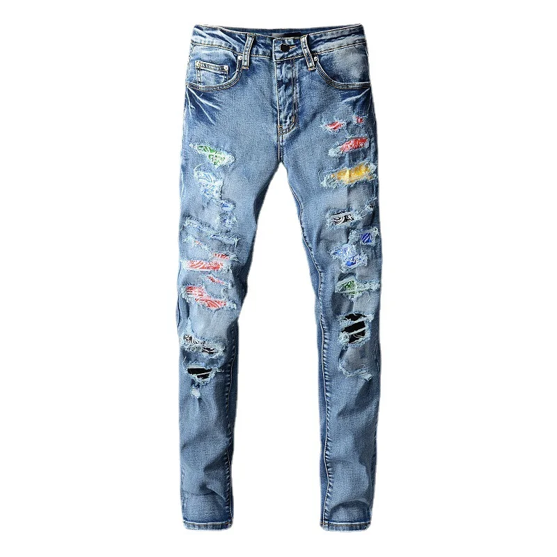 

AM Men's Jeans Fashion Design Ripped Applique Worn Jeans Men's Casual 2023 Trend Slim High Street Pants Hip Hop Pencil Trousers