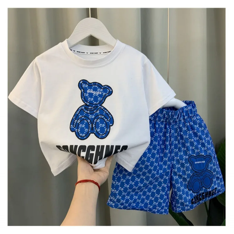 

Summer Boys Suit 2023 New Cotton Short-Sleeved Top Ice Silk Shorts 2Pcs Set Bear Pattern Children Tracksuits For 3-12Y