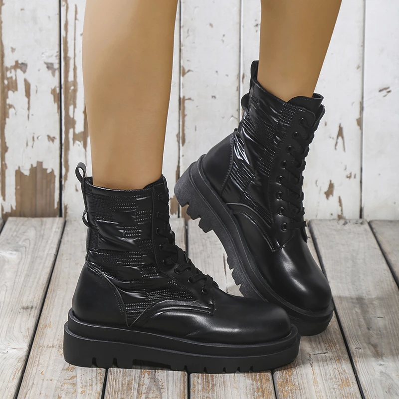Женские короткие ботильоны, зимняя теплая обувь на платформе, женскиеэлегантные мотоциклетные ботинки, кожаные ботинки на шнуровке с круглымноском, 2022