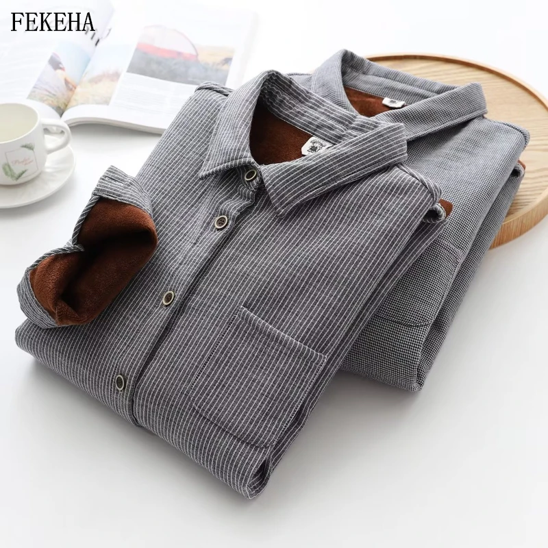 

Winter Women Thick Velvet Shirts Jacket Long Sleeve Striped Coats Plaid Lady Tops Keep Warm Outwear Female Clothes