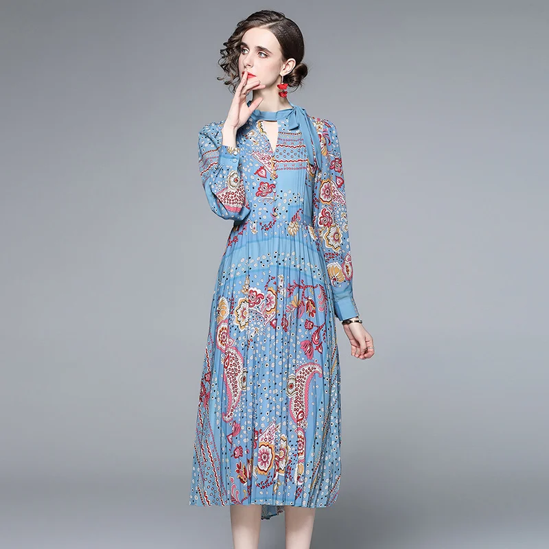 

Aibeautye New Casual Spring Autumn Floral Print Slim Lady Full Dress A Line V Neck Chiffon Pullover Mid-Calf Women Dresses