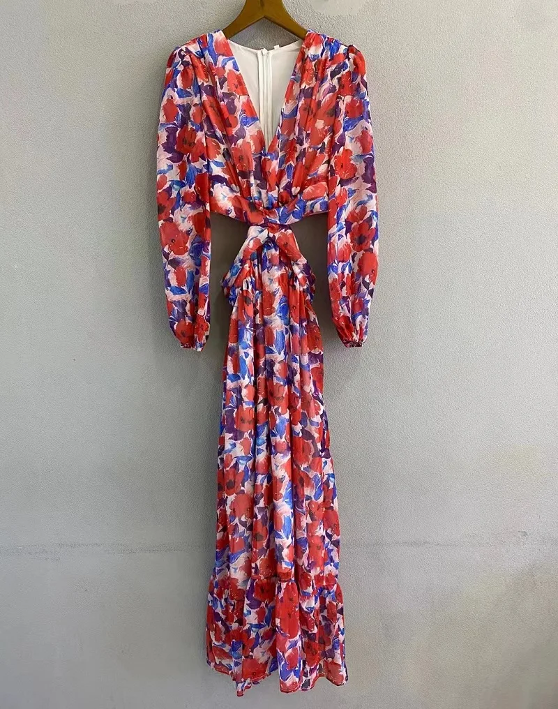 Hollow Out Sexy Long Dress 2022 Summer Casual Party Club Ladies V-Neck Colorful Floral Prints Long Sleeve Beach Maxi Dress Boho
