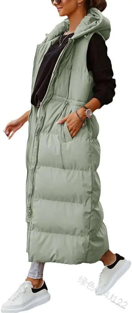 New Hooded Long Cotton Jacket  Waistband Waistcoat Casual Loose Fashion Warm Single Breasted Sleeveless Coat Women