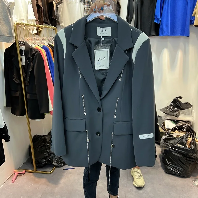 

Spring Autumn Splicing Contrast Color Chain Decoration Letter Embroidery Blazers Grey Black Lapel Long Sleeve Female Outerwear
