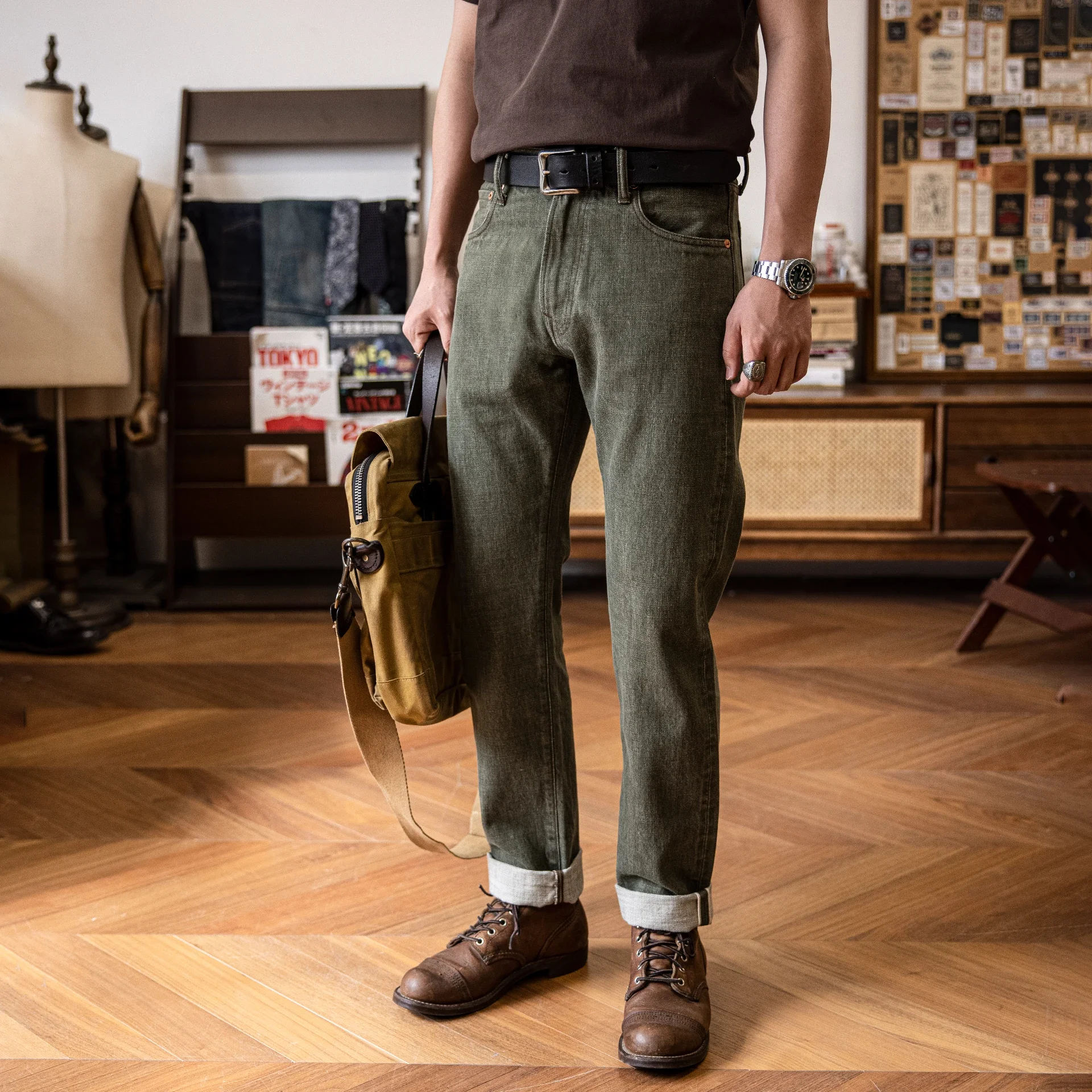 RT-511 Тяжелые брюки Indigo Selvage потертые 14 унций санфоризованные толстые джинсовые