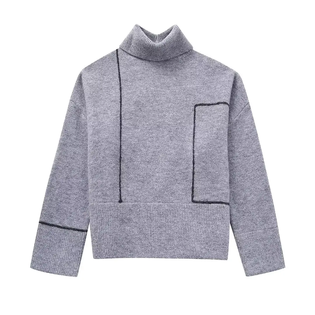 

Women Autumn New Fashion Edging decoration Loose High Neck Casual Knitted Sweater Vintage Long Sleeve Female Pullovers Chic Tops