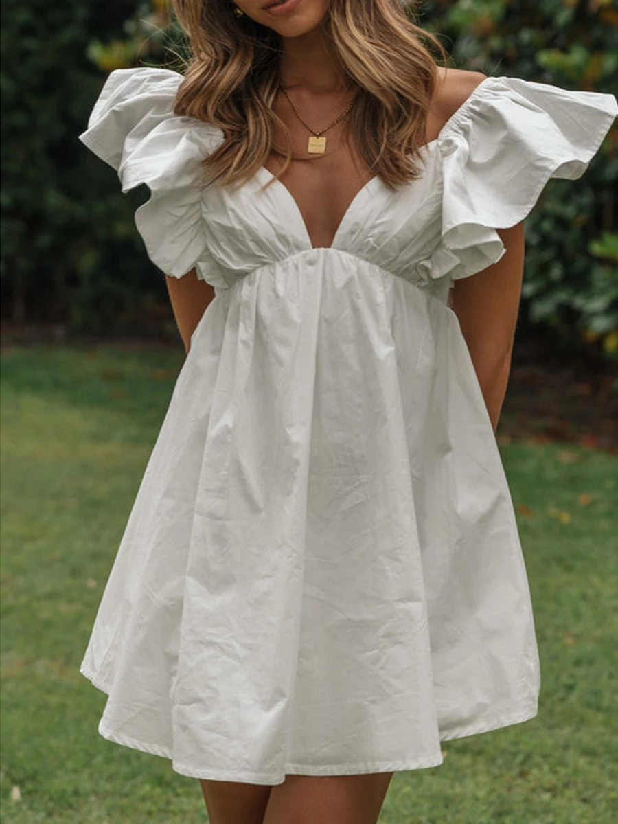 

Женское повседневное мини-платье, Летнее белое платье с V-образным вырезом и рукавами в виде листьев лотоса, короткая Праздничная Юбка со шнуровкой и лямкой на шее