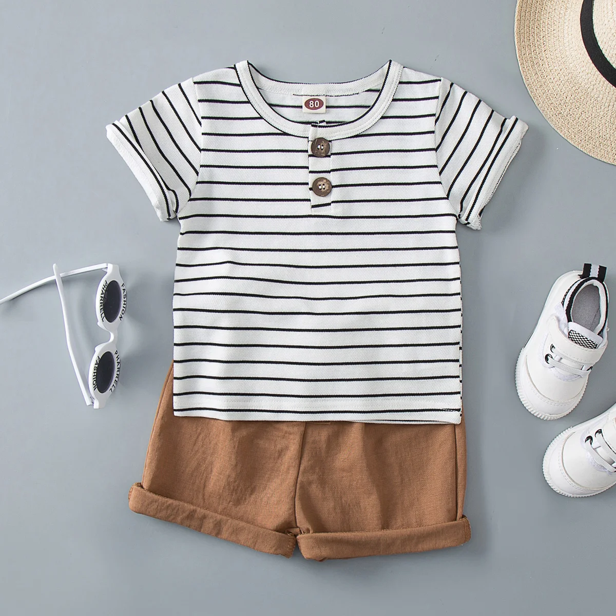 

Hibobi Baby Boy 2 Pieces Stripes T-Shirt & Solid Shorts