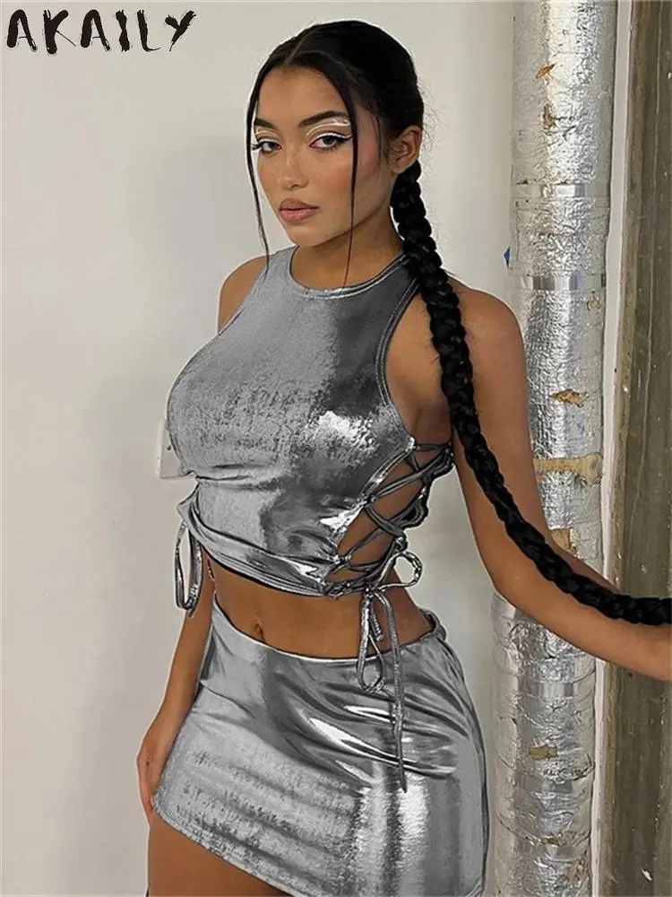 

Akaily Summer Outfit Solid 2 Two Piece Sets Womens Outifits O Neck Sleeveless Crop Top Skinny Black Skirts Matching Sets Female