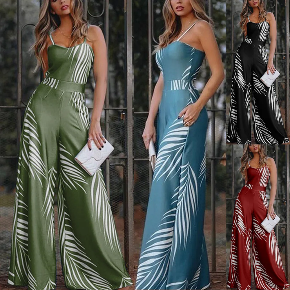 Women Leaf Printed Outfit Women Sexy Straped Sleeveless Backless Long Femme Jumpsuits 2023 Summer Fashion Cottagecore Jumpsuit