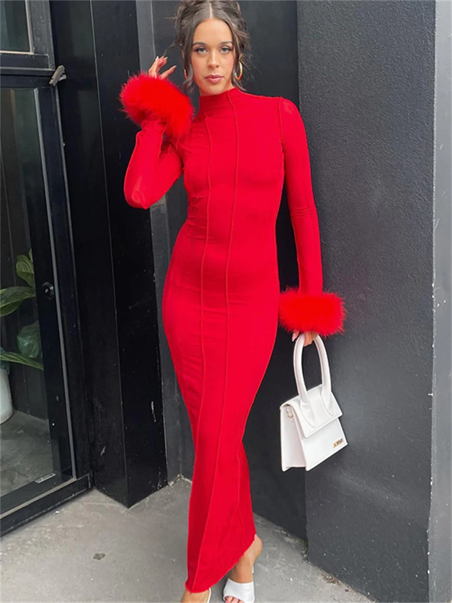 

wsevypo Red Autumn Bodycon Long Dress Women Sexy Feather Long Sleeves Backless Wrapped Pencil Dresses Evening Party Clubwear