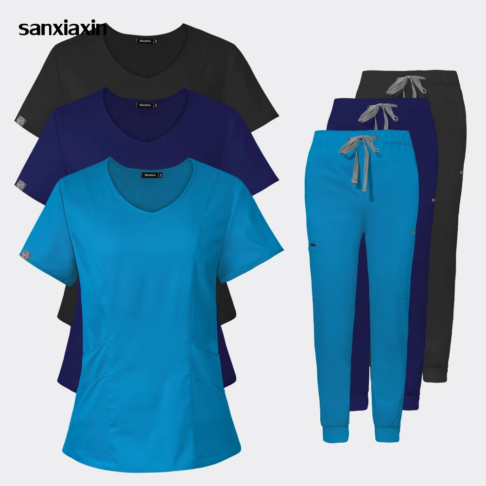 

High Quality Solid Color Nursing Scrubs Women Uniforms Wholesale Elasticity Pet Clinic Nurse V-neck Medical Doctor Work Clothing