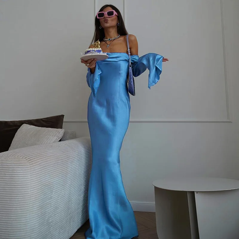 

Женское модное атласное длинное платье с длинным рукавом, однотонное облегающее платье с открытыми плечами, открытой спиной и молнией сзад...