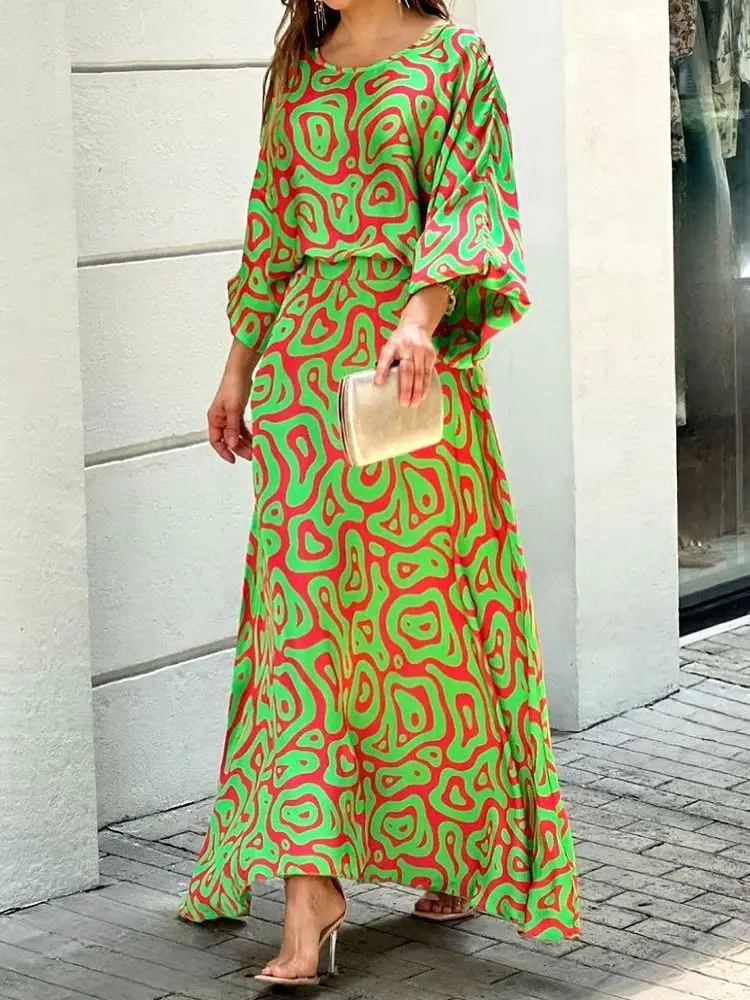 

Casual Geometric Round neck Puff sleeve Half sleeve Ruffle hem Summer Spring Fall Daily Long Dresses