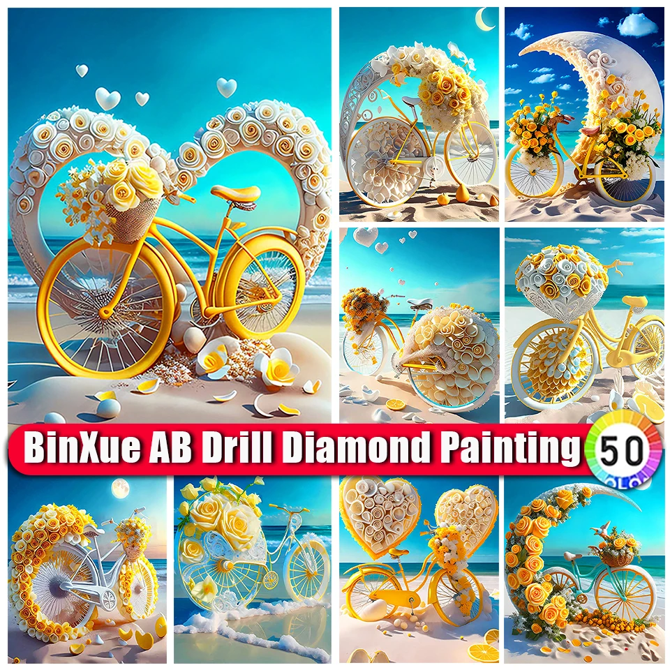 

BinXue Scenery Seaside Bicycle AB Diamond Painting Handmade DIY Moon Rose Flower Mosaic Love Cross Stitch Home Decor Gifts