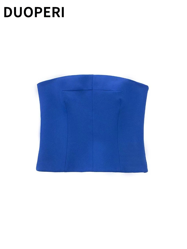 

DUOPERI Women Fashion Solid Blue Cropped Corset Strapless Side Zipper Female Chic Lady Vintage Crop Top