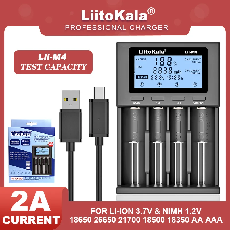

LiitoKala Lii-M4 18650 LCD Display Universal Smart Charger Test Capacity For 26650 18650 21700 18500 AA AAA Etc 4slot