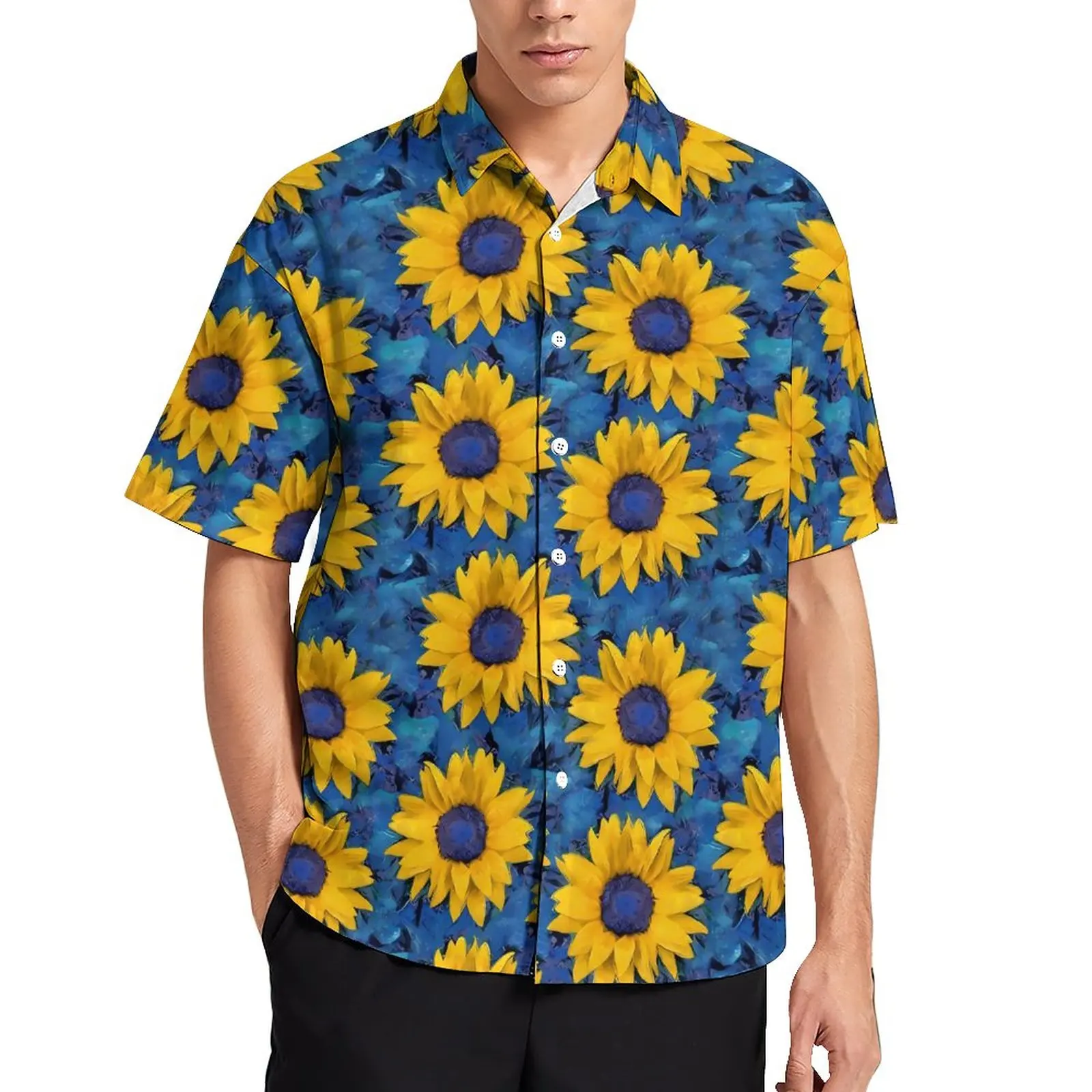 

Sunflower Print Loose Shirt Men Beach Blue Leaf Print Casual Shirts Summer Design Short Sleeve Stylish Oversize Blouses