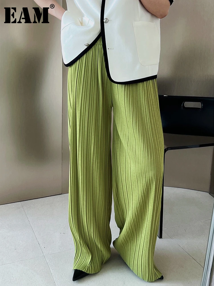 

[EAM] High Elastic Waist Green Pleated Long Wide Leg Trousers New Loose Fit Pants Women Fashion Tide Spring Autumn 2022 1DE8816