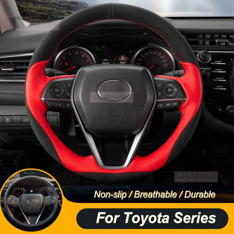 Customized Non-slip Durabl Black Suede Red Leather Car Steering Wheel Cover For Toyota Camry Avalon Highlander RAV4 Corolla