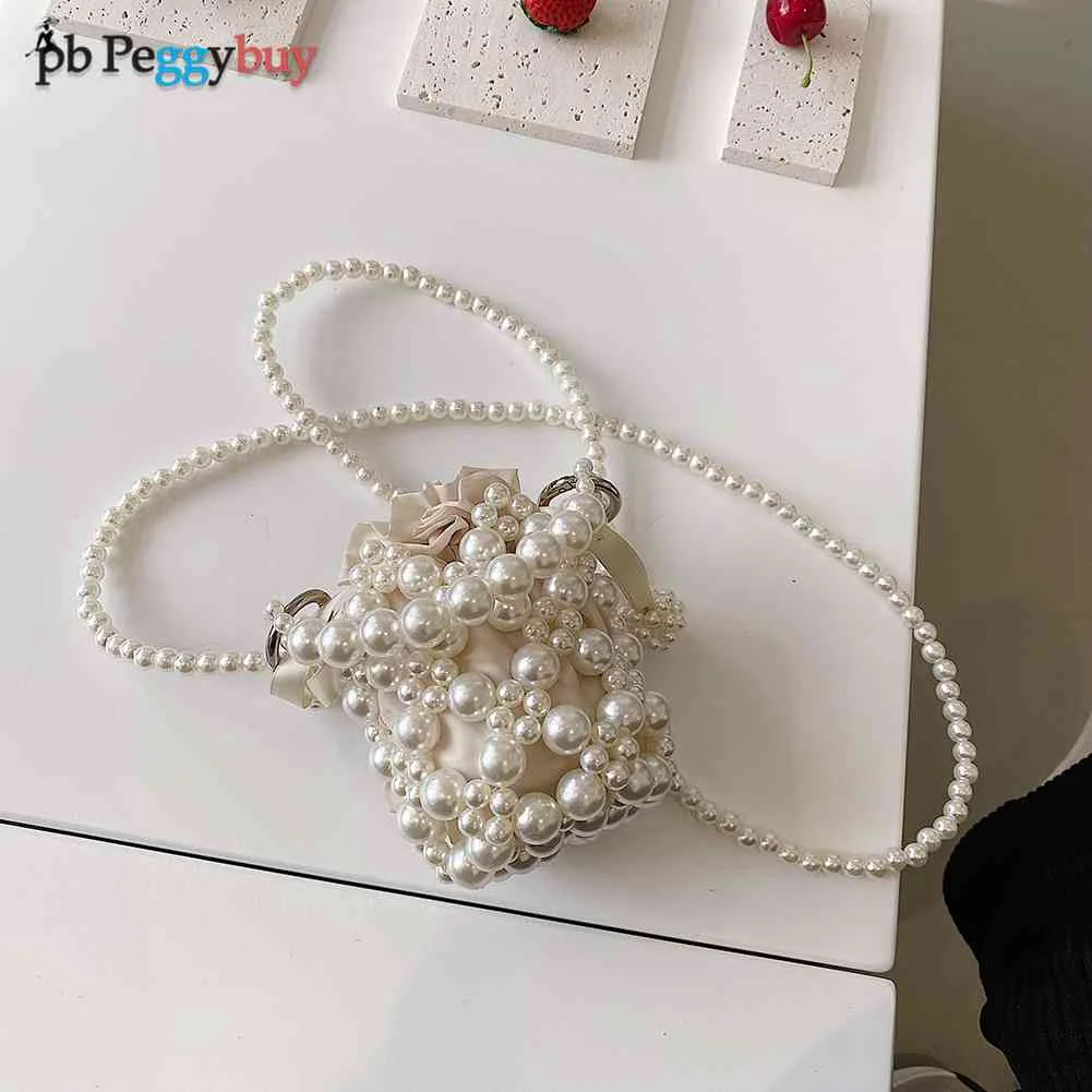 

Fashion Pearls Beaded Shoulder Bag for Women Pearl Chain Clutches Purse Bucket Handbag Elegant Lady Messenger Bag