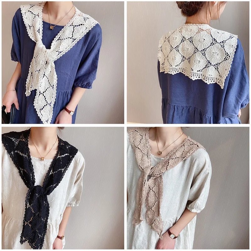 

Linen Fake Collars Shawl Women Knitted Small Scarf Embroidered False Collar Decorative Hollow Weave Sleeves Detachable Collar