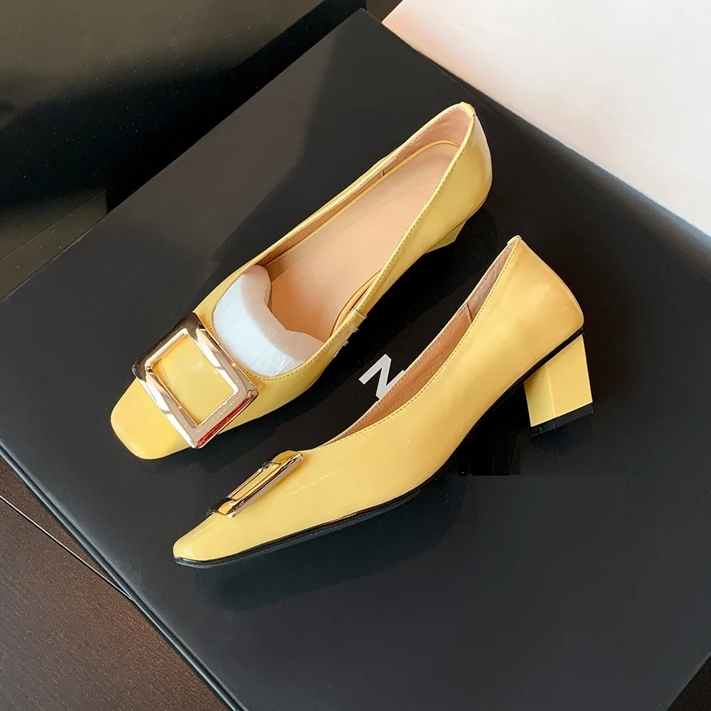 Fashion Women's Versatile High-End Patent Leather Toe Thick Heel Single Shoes Mid-Heel Square Buckle High Heels