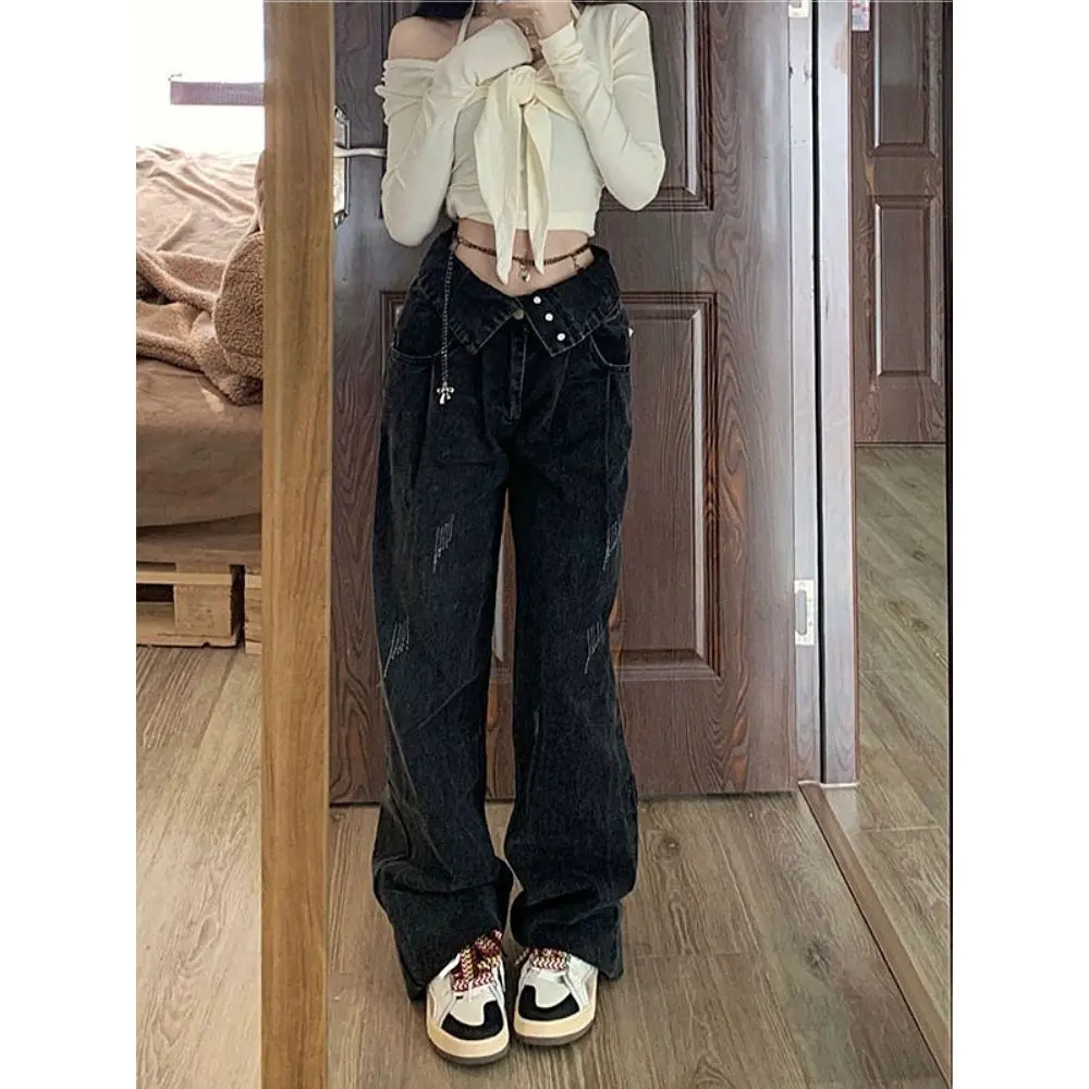 

Extended Length Turn-down Waist Jeans Woman Clothing Streetwear Women Denim Pants Wide Leg Cargo Pants Y2k Trend Pantalones A825