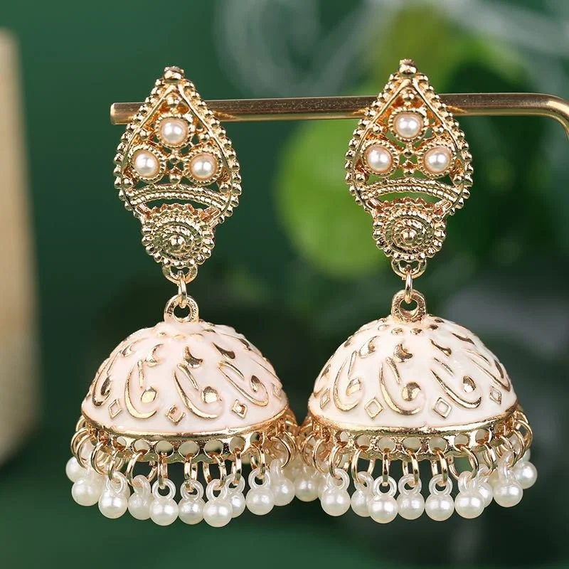 

Vintage Ethnic Simulated Pearl Tassel Earrings 2022 Gypsy Antique Gold Color Fashion Women Indian Earrings Jhumka Jewelry