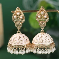 vintage ethnic simulated pearl tassel earrings 2022 gypsy antique gold color fashion women indian earrings jhumka jewelry