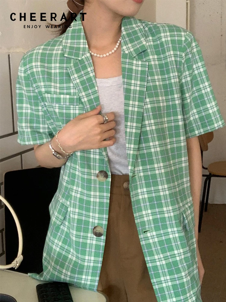 

CHEERART Vintage Plaid Short Sleeve Summer Blazer Women Green Pink Korean Fashion Coat Jacket Ladies Blazer Clothing