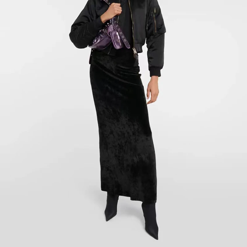 

Velvet long half-body skirt 2023 summer new y2k black sexy Slim Slim half-skirt fashion versatile ladies skirt