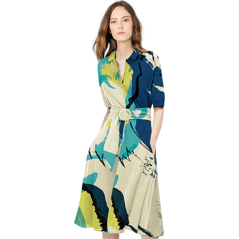 

Elegant fashion print dress 2022 summer new POLO collar oil painting wind repair A-line dress tide