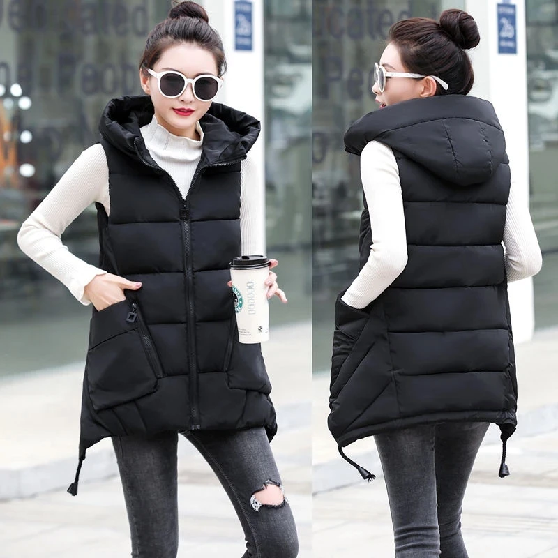 2023 Autumn Winter Women Puffer Jacket Vest Thick New Cotton Sleeveless Waistcoat Coats Zipper Hooded Collar Jacket Plus Size